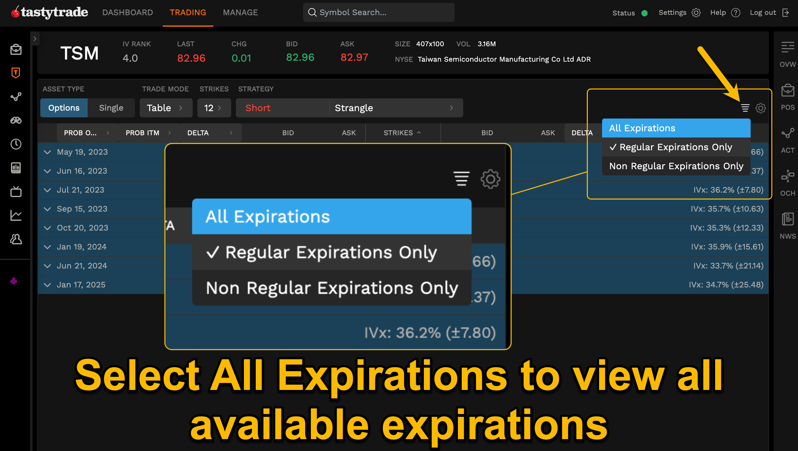 Viewing weekly and monthly expirations in tastytrade